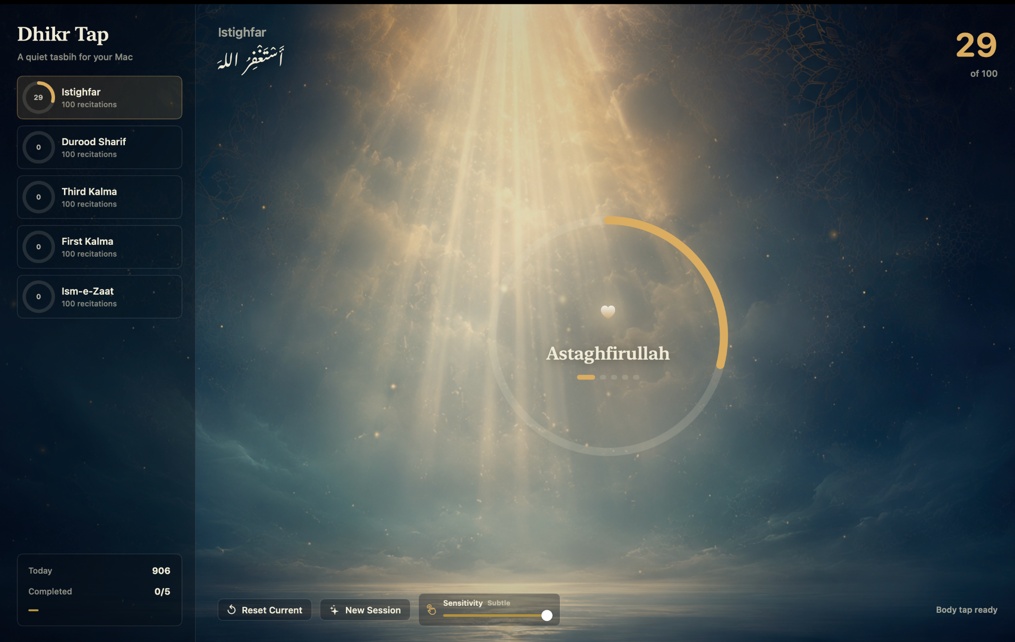 Mac Tasbih dhikr counter app interface showing Istighfar progress and body tap readiness.